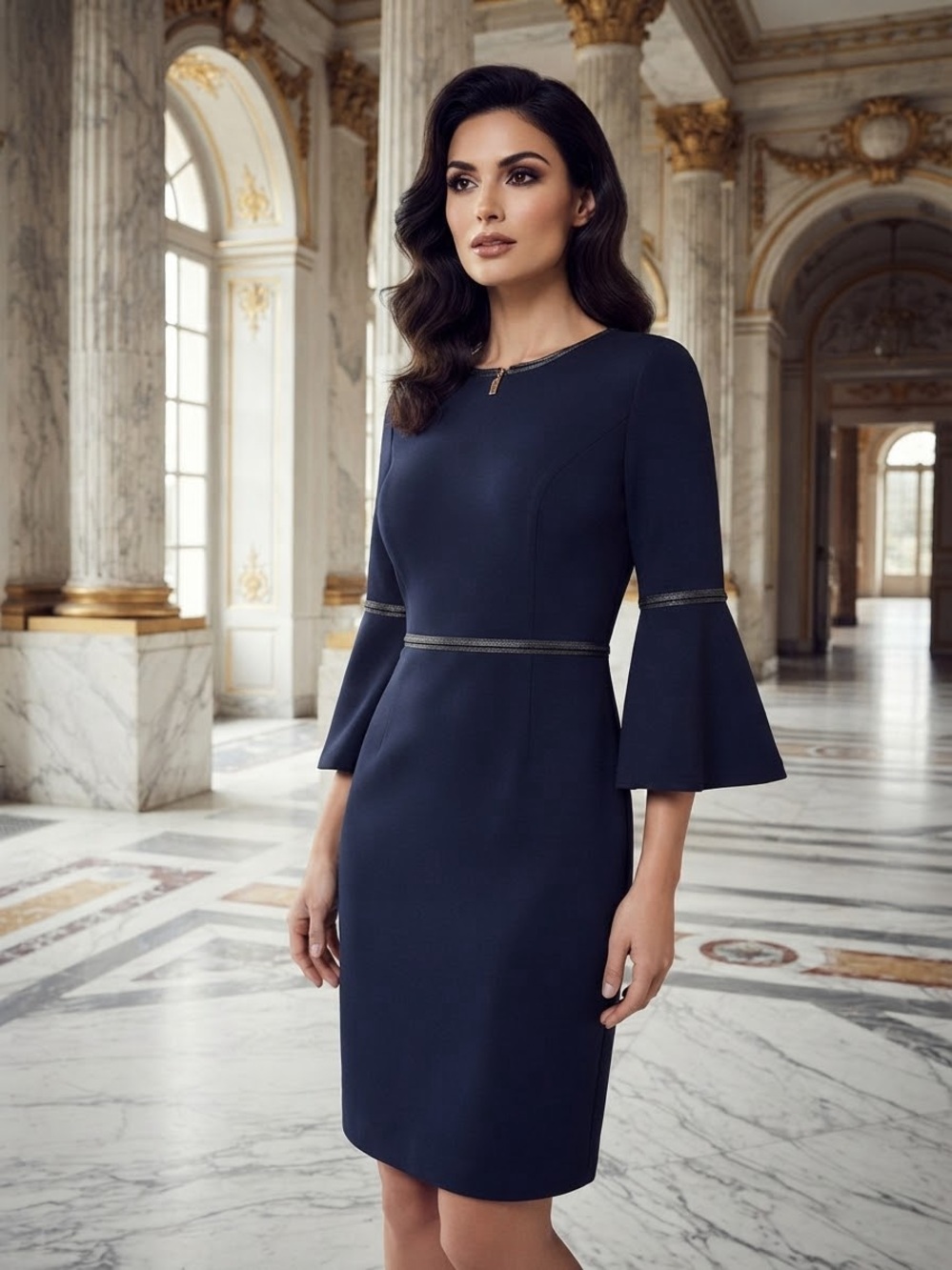 Tommy Hilfiger Navy Bell-Sleeve Midi Sheath Dress